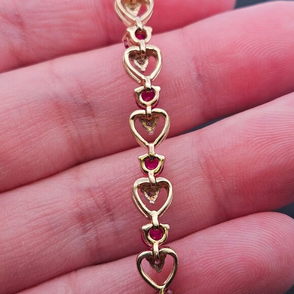 10KT Yellow Gold Diamond & Lab Grown Ruby Heart Link Tennis Bracelet 8 Inches - Picture 13 of 15